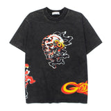Hip-hop t-shirts: american high street hip-hop flame skull print short sleeve vintage distressed loose fit tee