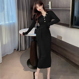 Women Maxi Dress Autumn V-neck Button Slim Fit Hip-Wrapped Sweater Dress
