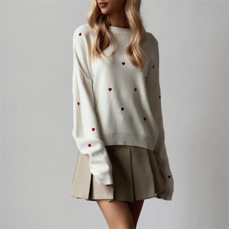 Ladies Leisure Knitwear Love Embroidered Long Sleeve Knitted Sweater for Women