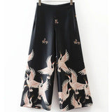 Women Suits Crane Print Blazer Culottes Wide Leg Pants Suit
