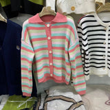 Women Knitwear Autumn and Winter Striped Lapel Sweater Loose Knitted Cardigan