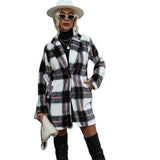 Women Trench Coat Long Sleeve Suit Collar Button Cardigan Warm Sable Fur Plaid Wool Coat