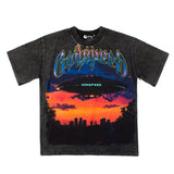 Hip-hop t shirts american high street alien flying saucer printing washed distressed loosecasual short-sleeved t-shirt topstee
