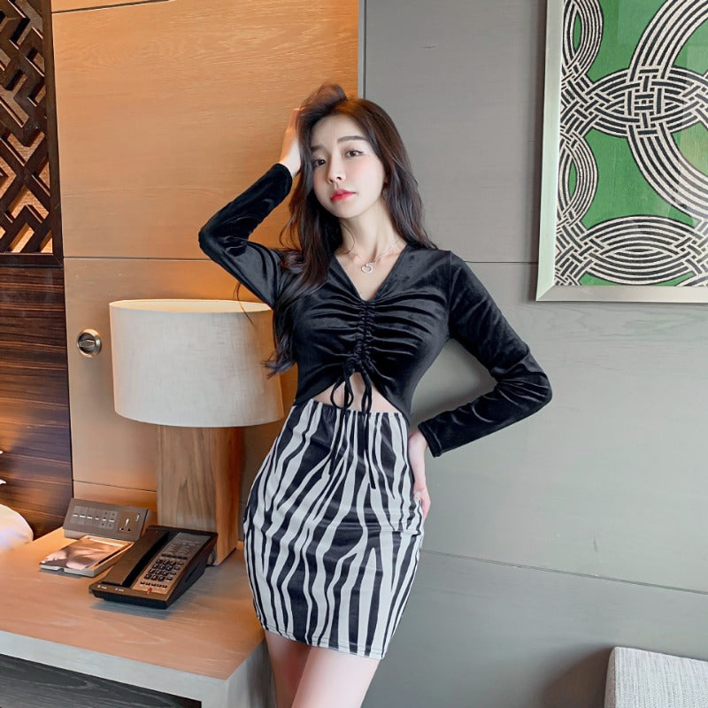 Women Maxi Dress Autumn Winter Sexy V-neck Hollow Long Sleeve Leopard-Print Sheath Dress