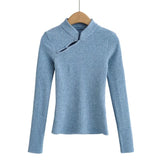 Women Sweater Knitwear Mandarin Collar Knitwear Spring Sexy Long Sleeve T-shirt