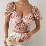 Women Party Tops Halter Perspective Butterfly Embroidered Suspender Mesh Vest