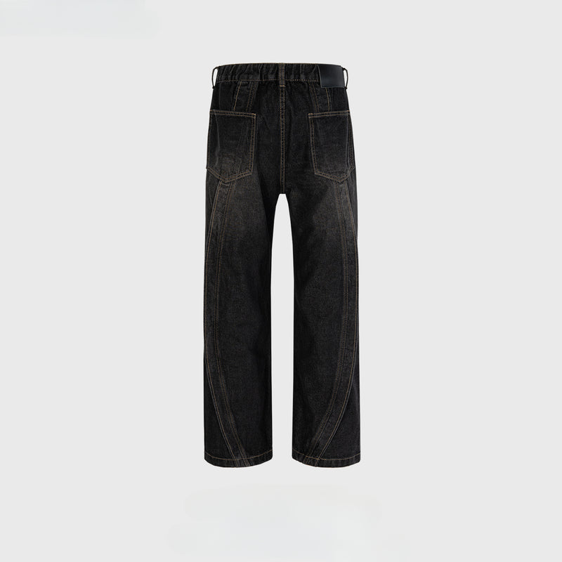 MIJKO Men's Vintage Pants MIJKO Splicing Pants Men's and Women's Waist Straight Jeans