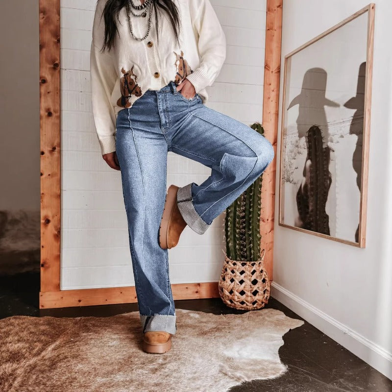 Women's wide-leg jeans: spring/summer collection - high-waisted, slimming, vintage-style, cuffed hem, center seam design, straight-leg denim pants for women