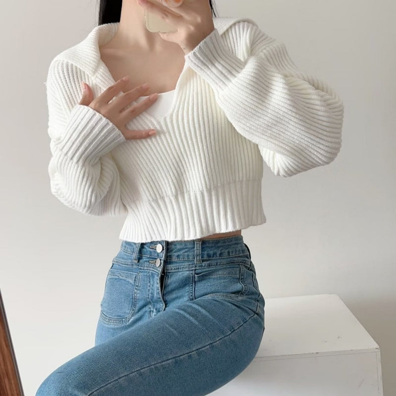 Women Sweater Knitwear Fall Lapels Short Sweater Loose High Waist Sweater
