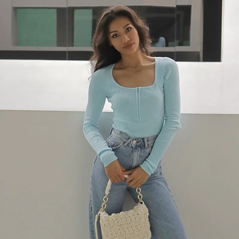 Women Sweater Knitwear Spring and Autumn Long Sleeve T-shirt Women's Sexy V-neck Zipper Knitted Jumpsuit