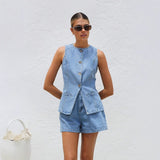 Women's pants: spring/summer amazon independent store fashion sleeveless cinched waist high-waisted loose denim shorts set (us/eu style)