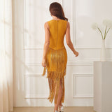 Women Evening Dress Tassel Dress V-neck Prom Evening Gown