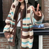 Women Knitted Cardigan Autumn and Winter Loose Striped Retro Rainbow Knitted Cardigan