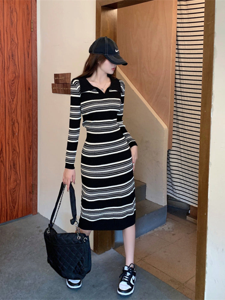 Women Maxi Dress Autumn Winter Retro Polo Collar Striped Knitted Dress