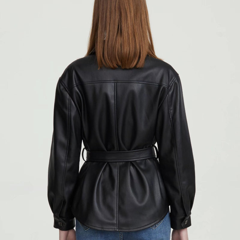 Women Leather Jacket Fall and Winter Lapels Long Sleeve Motorcycle Washed PU Leather Shirt Coat