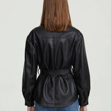 Women Leather Jacket Fall and Winter Lapels Long Sleeve Motorcycle Washed PU Leather Shirt Coat