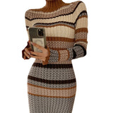Women Maxi Dress Autumn Winter Retro Striped Knitted Dress