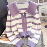 Women Knitwear Autumn and Winter Striped Doll Collar Double Zipper Sweaters Cardigan