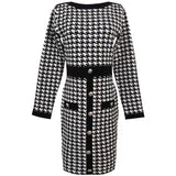 Women Maxi Dress Autumn Winter Retro Houndstooth Knitted Dress