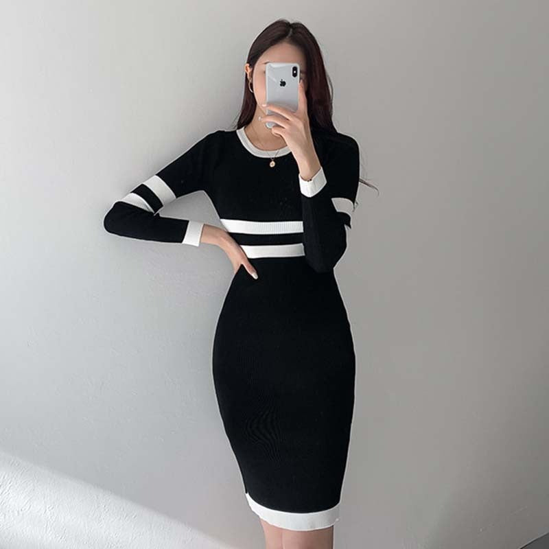 Women Maxi Dress Spring and Autumn round Neck Hip Knitwear Dress