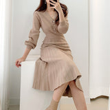 Women Maxi Dress Autumn and Winter Single-Breasted V-neck Knitted Dress