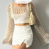 Women Knit Top Color Matching Openwork Knitted Top Women's Short T-shirt Sun Protection Sweater
