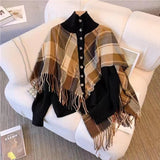 Women Knitwear Autumn and Winter Turtleneck Plaid Tassel Knitted Cardigan