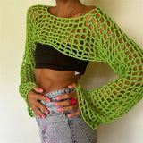 Women Knit Top Color Matching Openwork Knitted Top Women's Short T-shirt Sun Protection Sweater