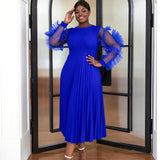 Harlem Night Attire Mesh Stitching Sleeves Pleated Skirt plus Size Dress Pleated Skirt