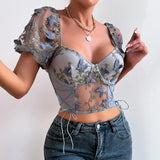 Women Party Tops Halter Perspective Butterfly Embroidered Suspender Mesh Vest