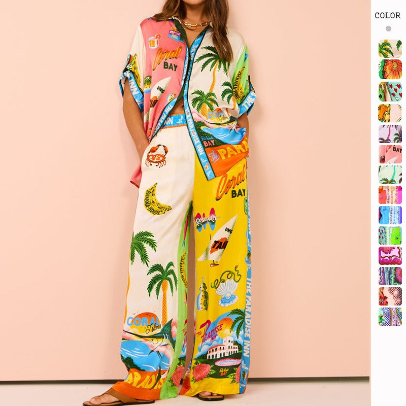 Women's pants: cross-border european and american fashion printed elastic waist pocket wide-leg casual set for women's summer