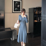 Women Maxi Dress Autumn and Winter V-neck Long Sleeve Knitted Dress Dress