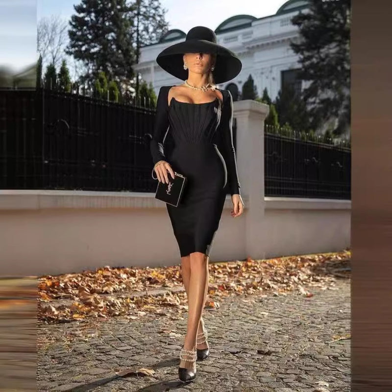 Women Dresses Long Sleeve Bandage Dress Square Collar Dress (Ont0408)