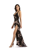Women Evening Gown Sexy V-neck Strap Backless Formal Dress Sequins Dress