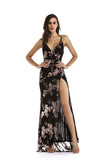 Women Evening Gown Sexy V-neck Strap Backless Formal Dress Sequins Dress