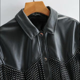 Women Leather Jacket Spring Lapel Imitation Leather Long Sleeve Baggy Coat