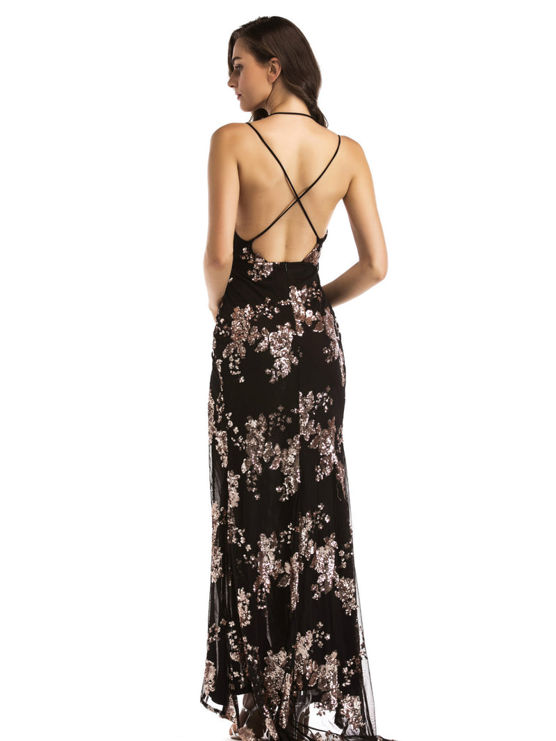 Women's Evening Gown Sexy V-neck Backless Sequins Dress Long Dress Gown