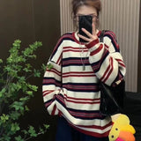 Women Knitted Pullover round Neck Contrast Color Striped Sweater Autumn Winter Sweater Top