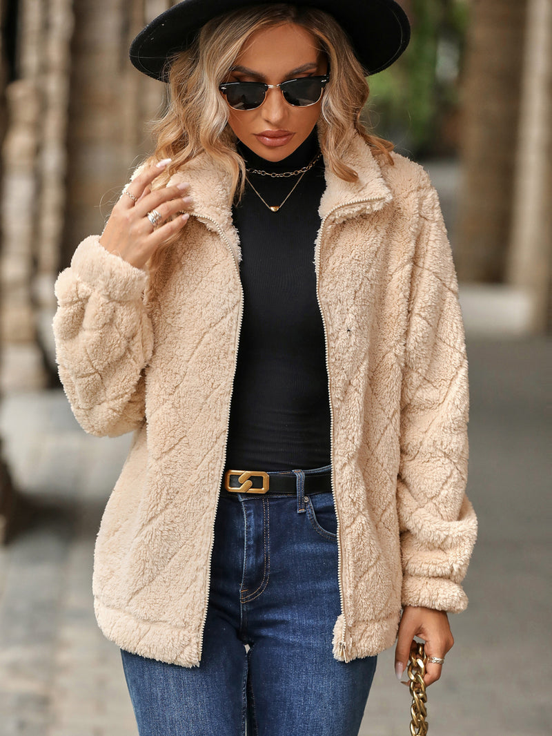 Women Trench Coat Autumn and Winter Long Sleeve Cardigan Zipper Diamond Plush Coat