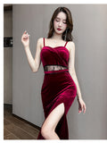 Women Maxi Dress Autumn Winter Sexy Strap Lace Gold Velvet Dress Dress