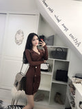 Women Maxi Dress Autumn and Winter Long Sleeve Double Breasted Suit Collar Knitted Sheath Dress