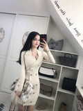 Women Maxi Dress Autumn and Winter Long Sleeve Double Breasted Suit Collar Knitted Sheath Dress