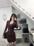 Women Maxi Dress Autumn and Winter Long Sleeve Double Breasted Suit Collar Knitted Sheath Dress