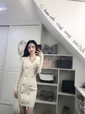 Women Maxi Dress Autumn and Winter Long Sleeve Double Breasted Suit Collar Knitted Sheath Dress