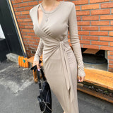 Women Dresses Hollow-out Long Sleeve Dress Split Dress