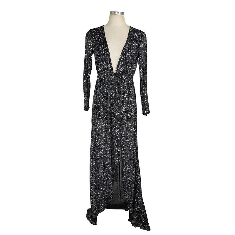 Women Evening Gown Autumn Winter Long Dress Deep V Hot Silver Mesh Long Sleeve Dress
