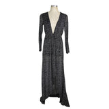 Women Evening Gown Autumn Winter Long Dress Deep V Hot Silver Mesh Long Sleeve Dress