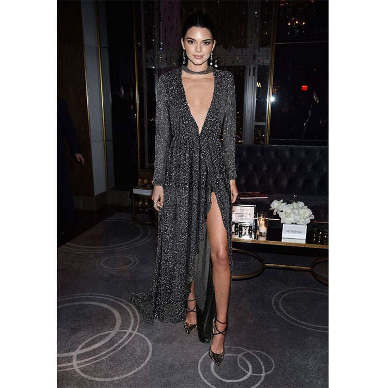 Women Evening Gown Autumn Winter Long Dress Deep V Hot Silver Mesh Long Sleeve Dress
