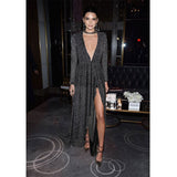 Women Evening Gown Autumn Winter Long Dress Deep V Hot Silver Mesh Long Sleeve Dress