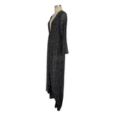Women Evening Gown Autumn Winter Long Dress Deep V Hot Silver Mesh Long Sleeve Dress
